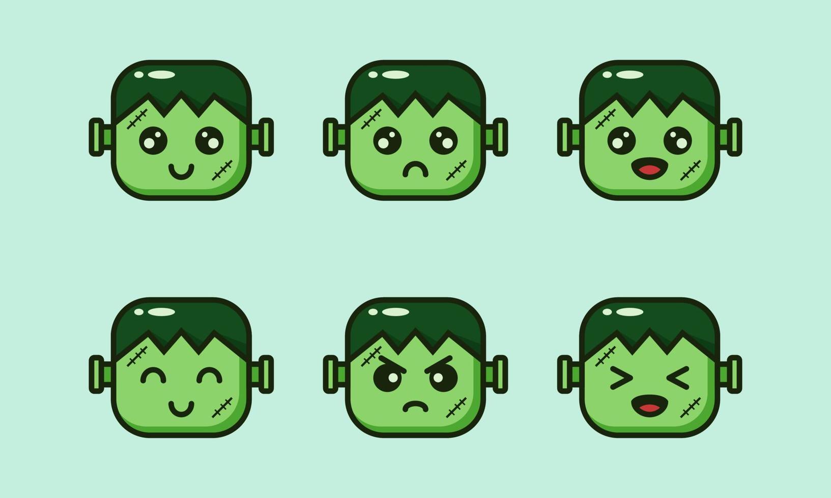 Flat square cute zombie face set vector