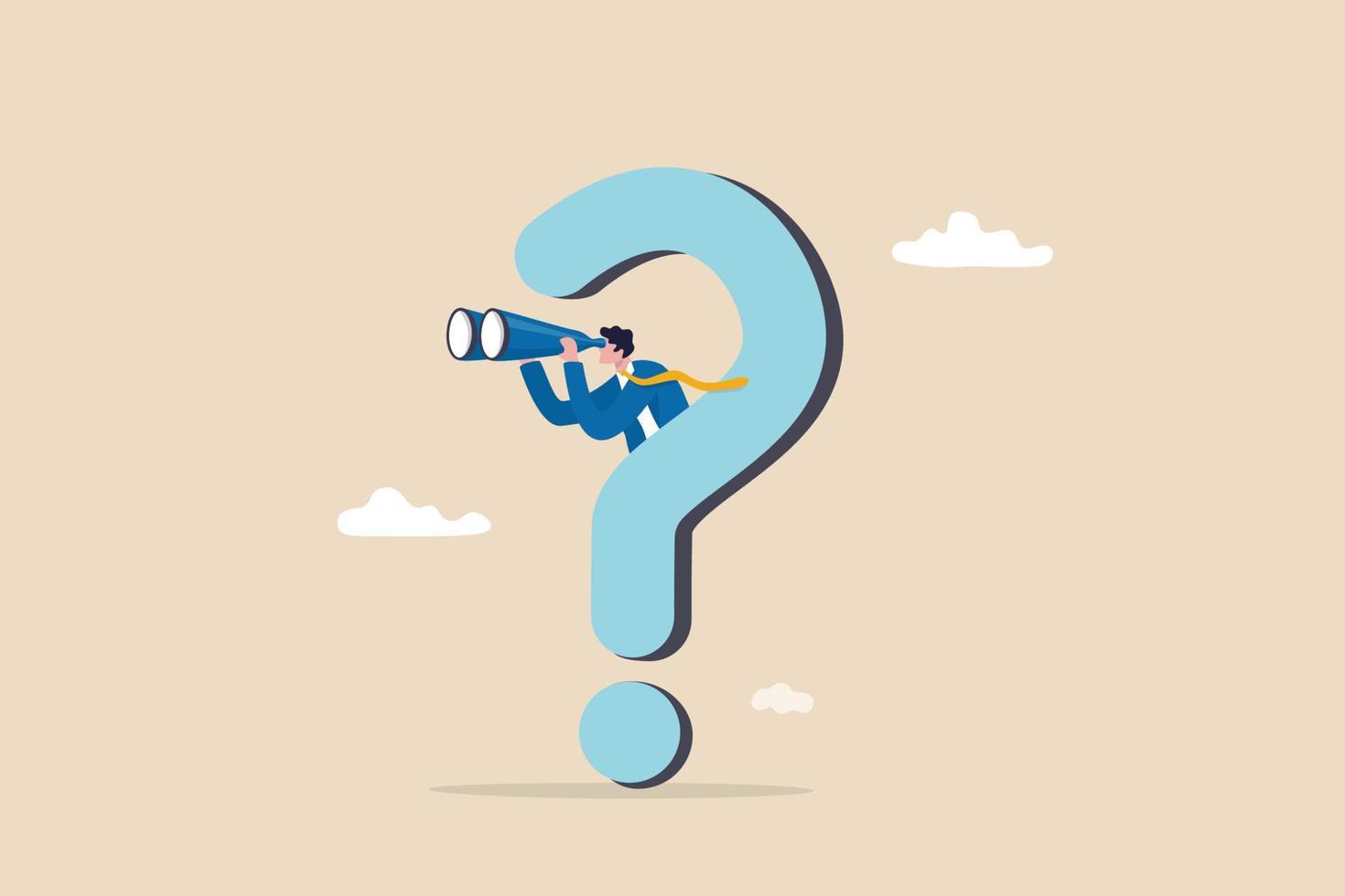 Curiosity explore unknown, search for solution or new business opportunity, seek for success concept, curios businessman with huge question mark look through binoculars to search for new business idea vector