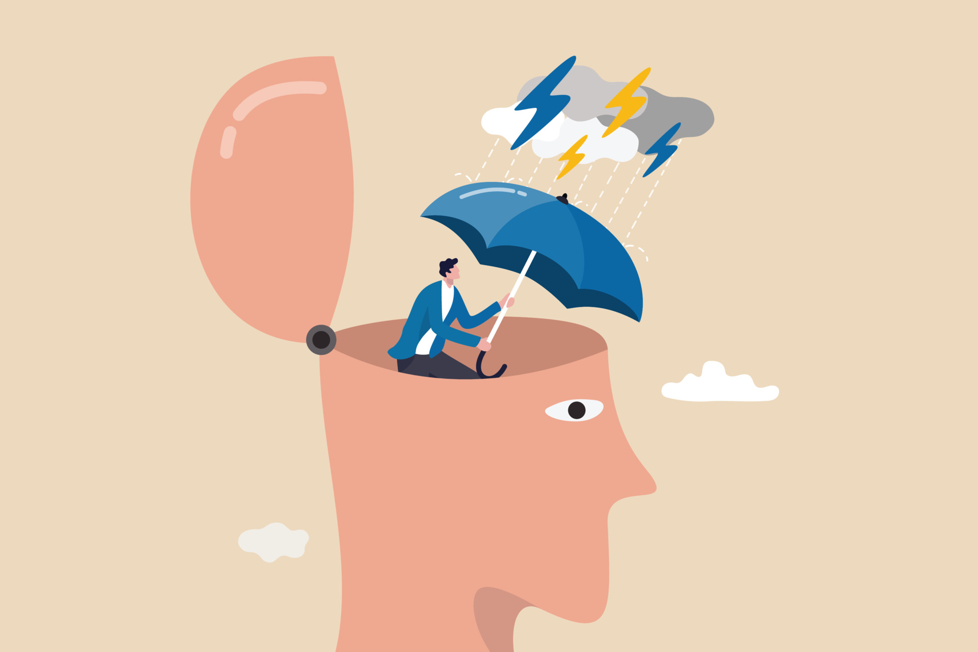 Mental health protection, depression or anxiety control or cure, help, support mental illness suffering concept, human head with his self using umbrella to protect from heavy raining storm depression. 3595293 Vector Art