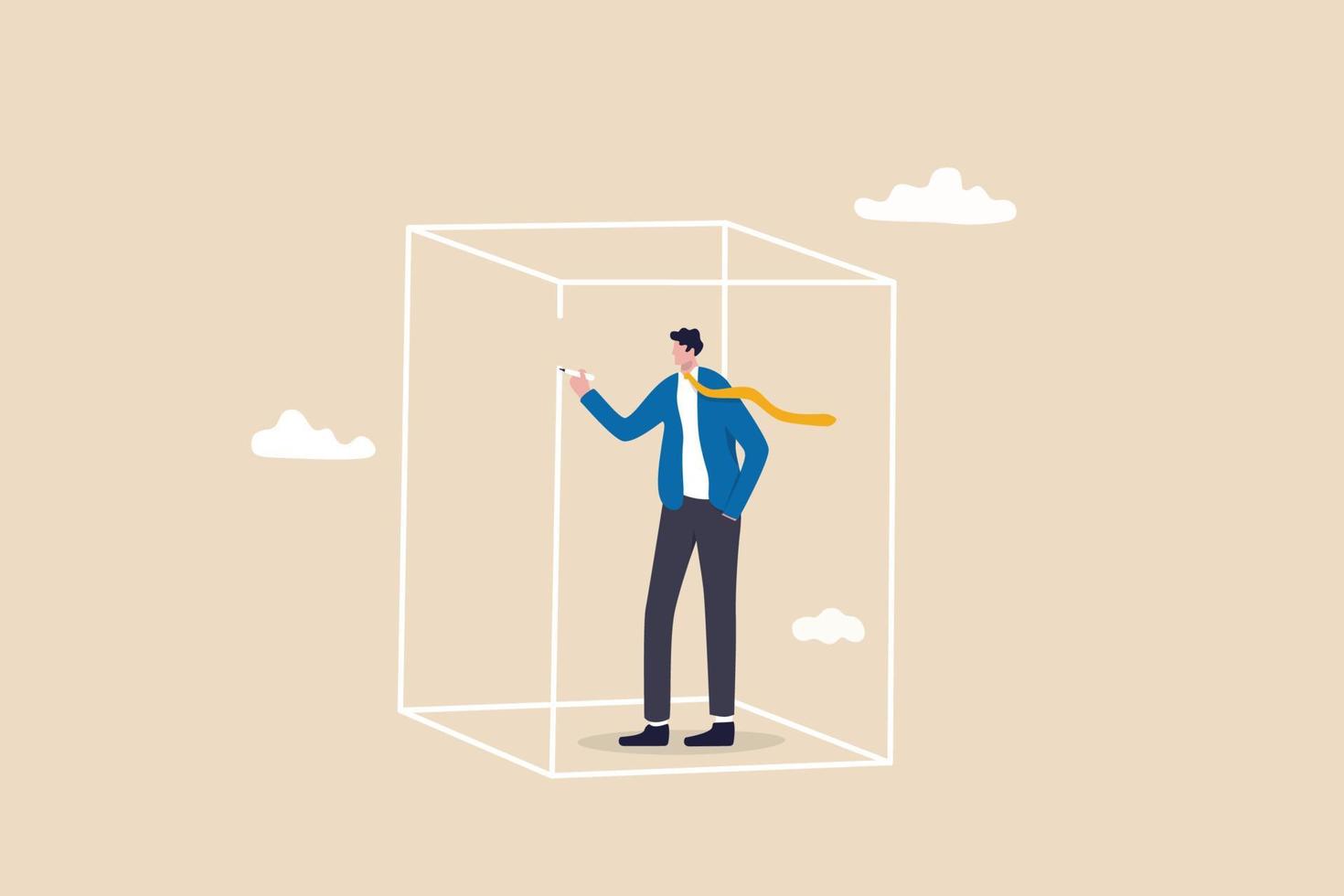Set privacy zone, personal barrier to focus or work boundary, space to be with yourself concept, introvert businessman drawing box to cover privacy zone or boundary to protect from distraction. vector