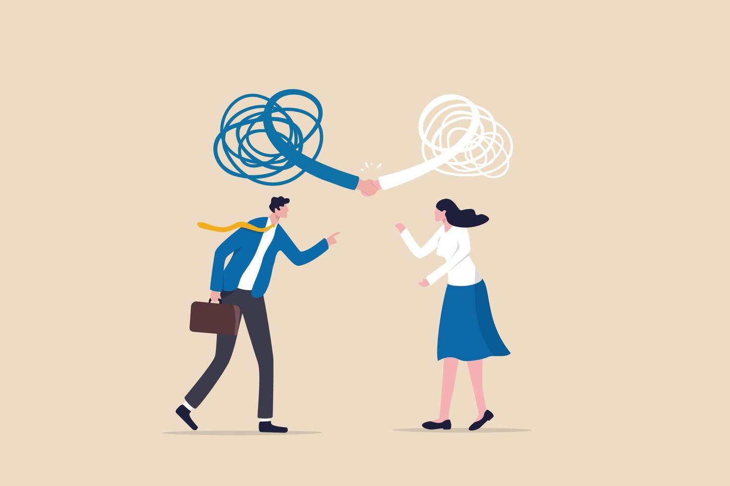 Respect different dissent, accept conflict opinion for work collaborate, professional work discussion concept, businessman and woman fighting or arguing on work with sign of respectful handshaking. vector