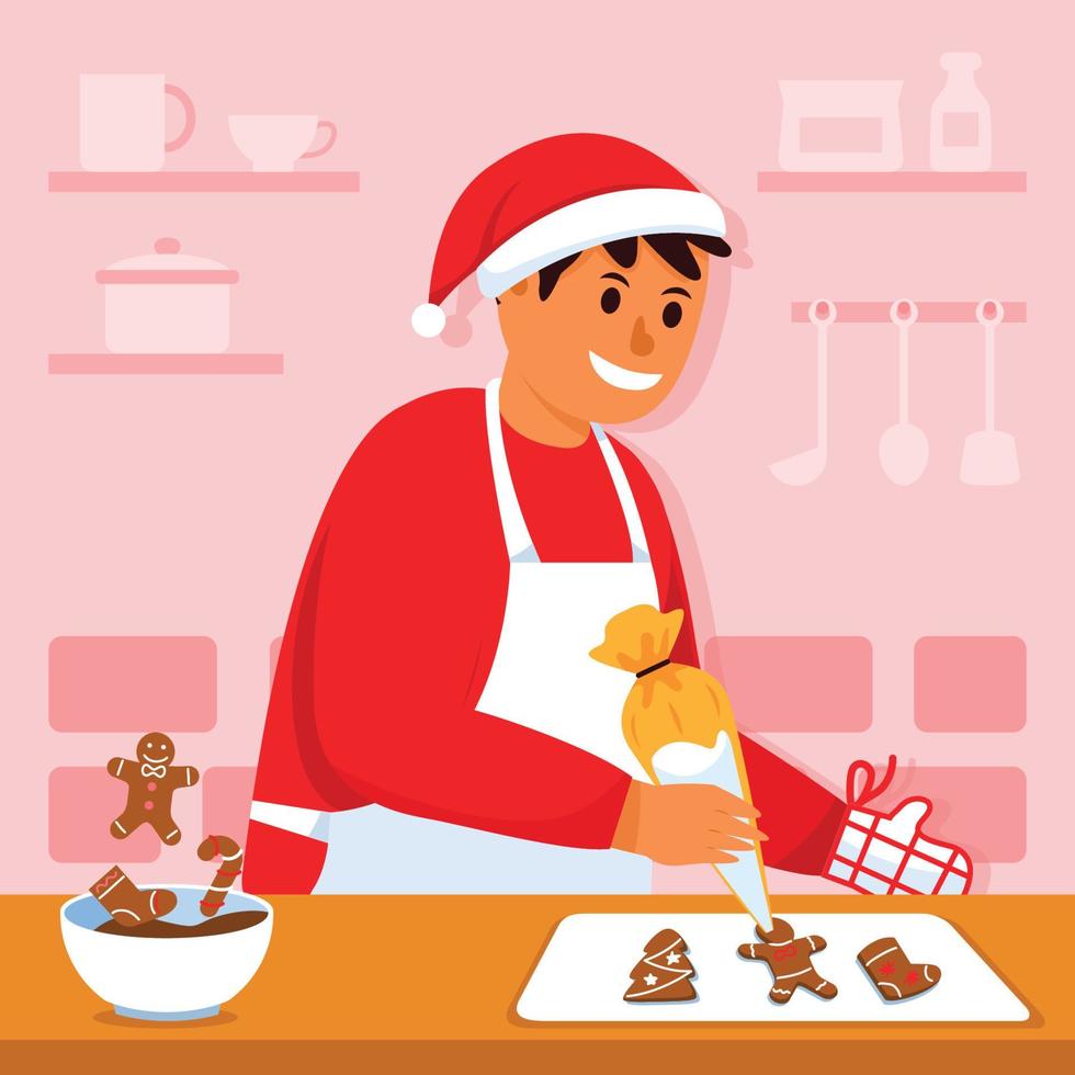 Happy Boy Making Gingerbread Cookies vector