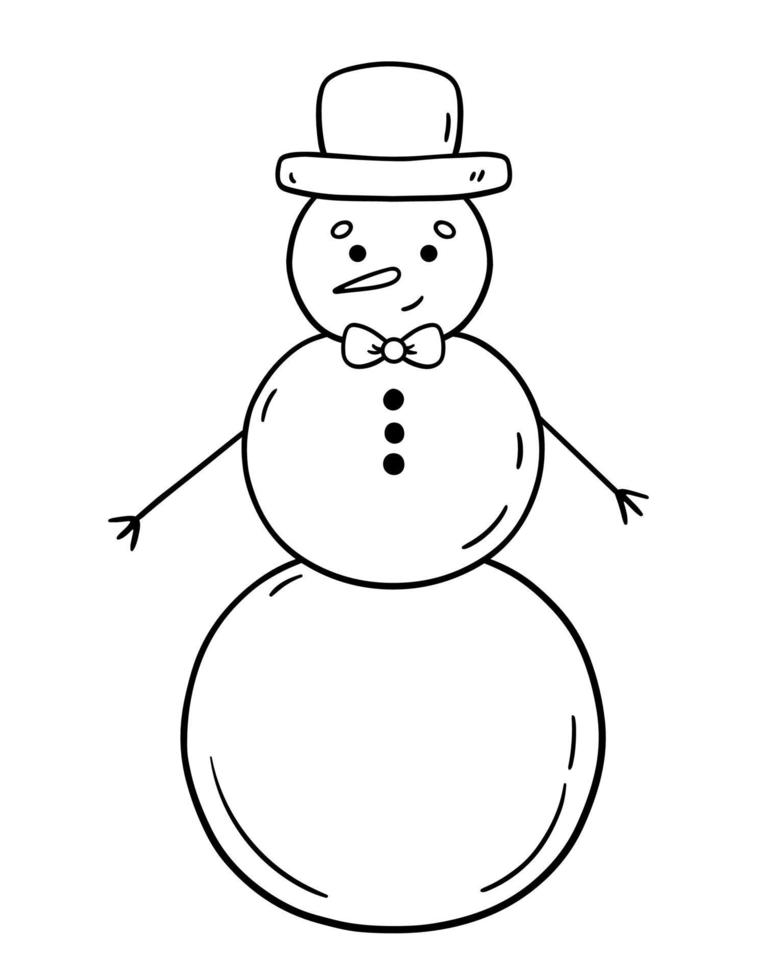 Cute snowman in a hat and bow tie isolated on white background. Vector hand-drawn illustration in doodle style. Perfect for holiday and Christmas designs, cards, logo, decorations.