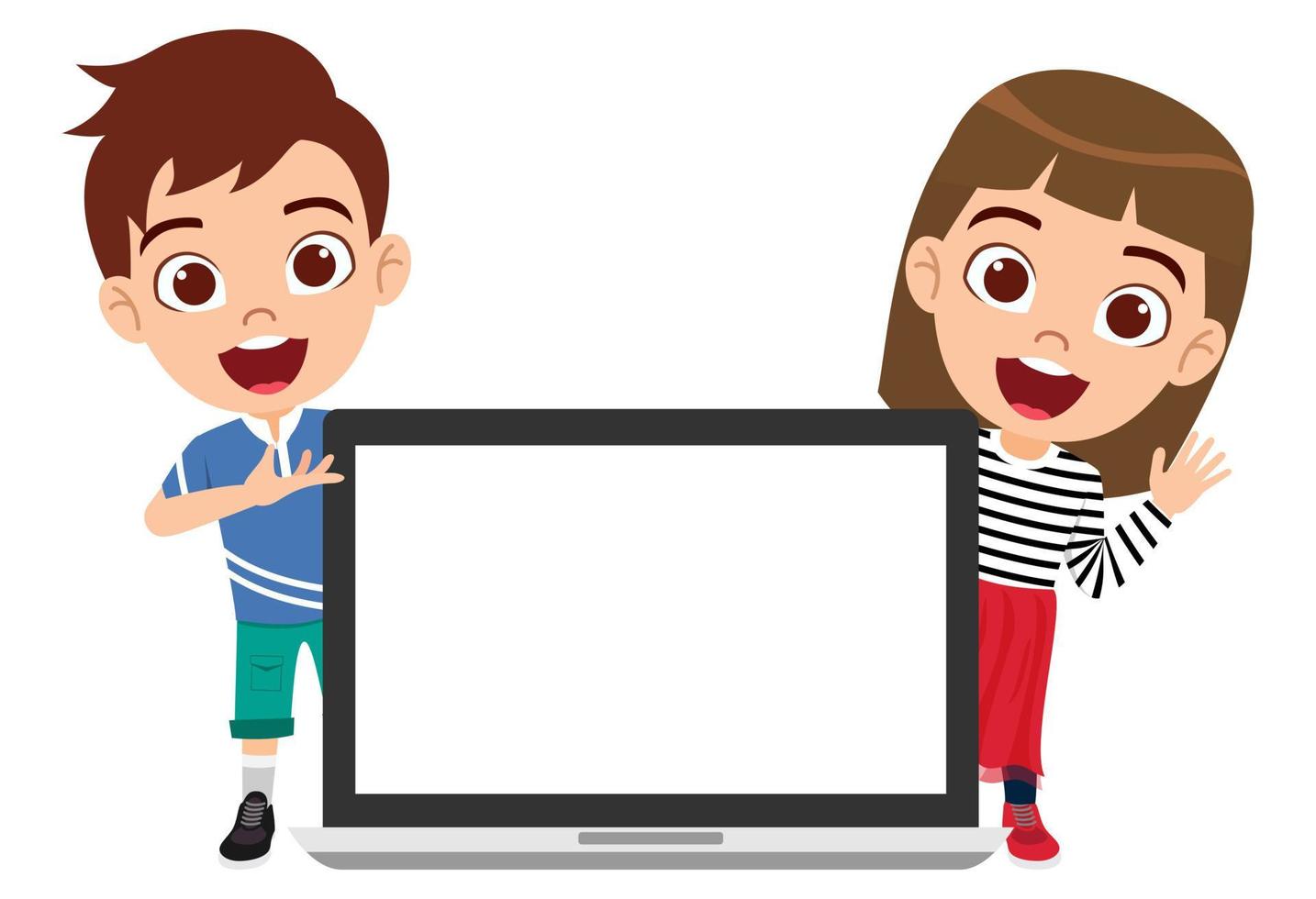 Happy cute beautiful kid boy and girl character wearing beautiful outfit standing behind blank laptop screen placard and pointing vector