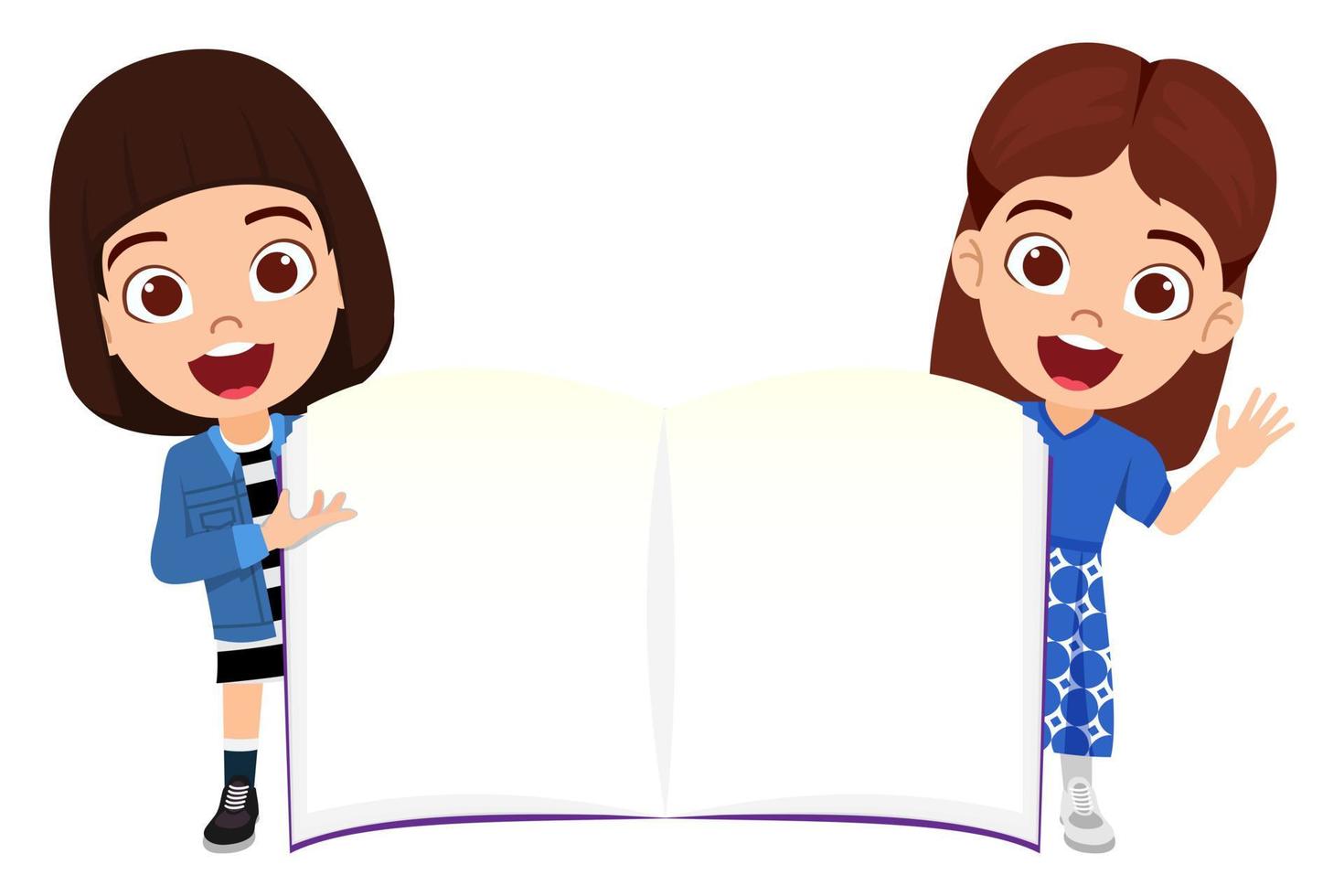 Happy cute beautiful kid girls character wearing beautiful outfit standing behind blank book placard and pointing vector
