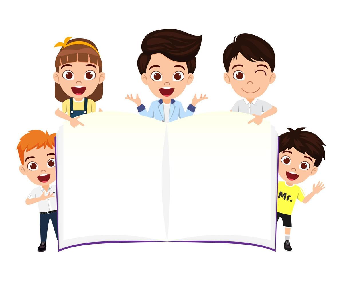 Happy cute beautiful kid boys and girls character wearing beautiful outfit standing behind blank book placard and pointing vector