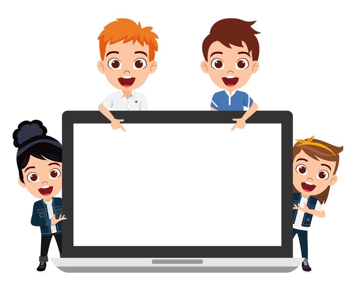 Happy cute beautiful kid boys and girls character wearing beautiful outfit standing behind blank laptop screen placard and pointing vector