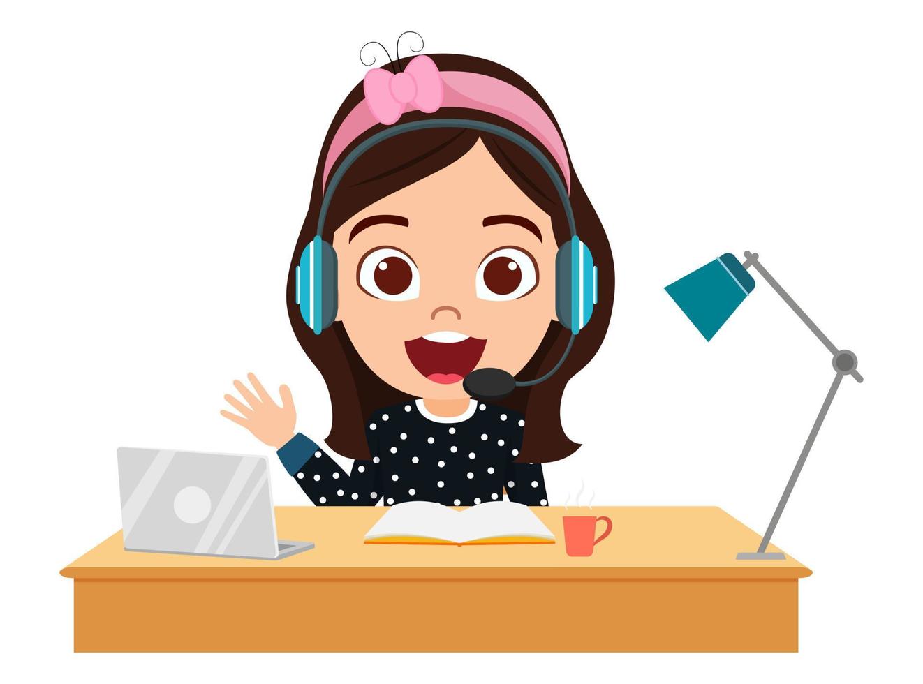 Cute beautiful kid girl character siting on desk and studying with laptop books bag lamp and wearing headphone with cheerful facial expression vector