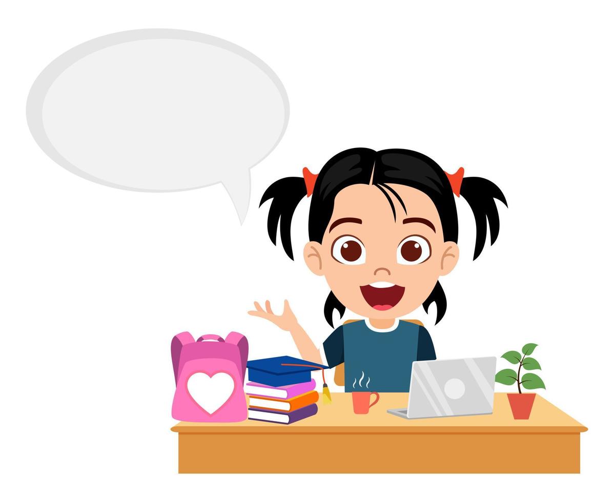 Cute beautiful kid girl character siting on desk and studying with laptop books bag with cheerful facial expression with speech bubble vector