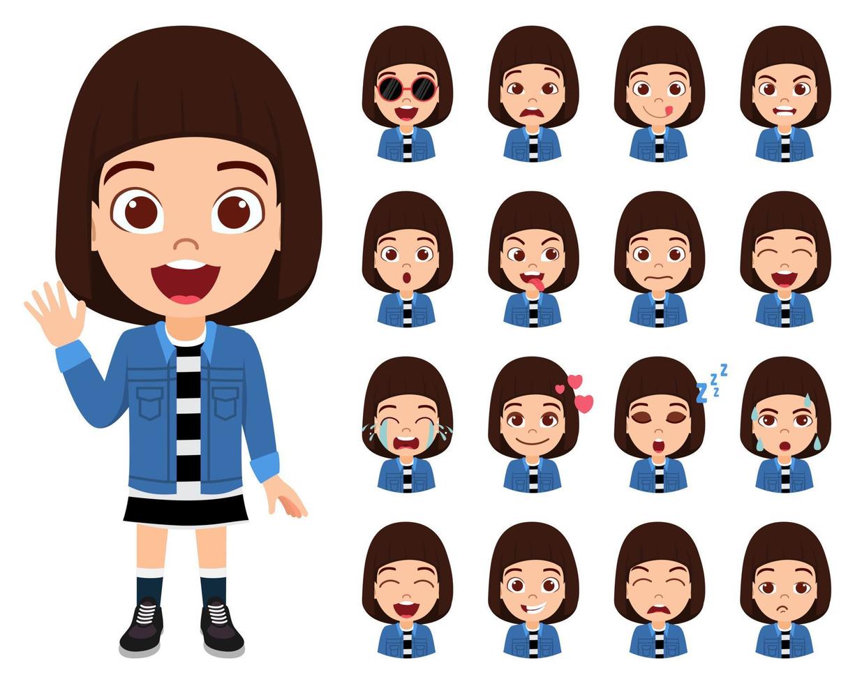 Happy cute girl character wearing beautiful outfit standing posing with different facial expression emotions avatar isolated vector