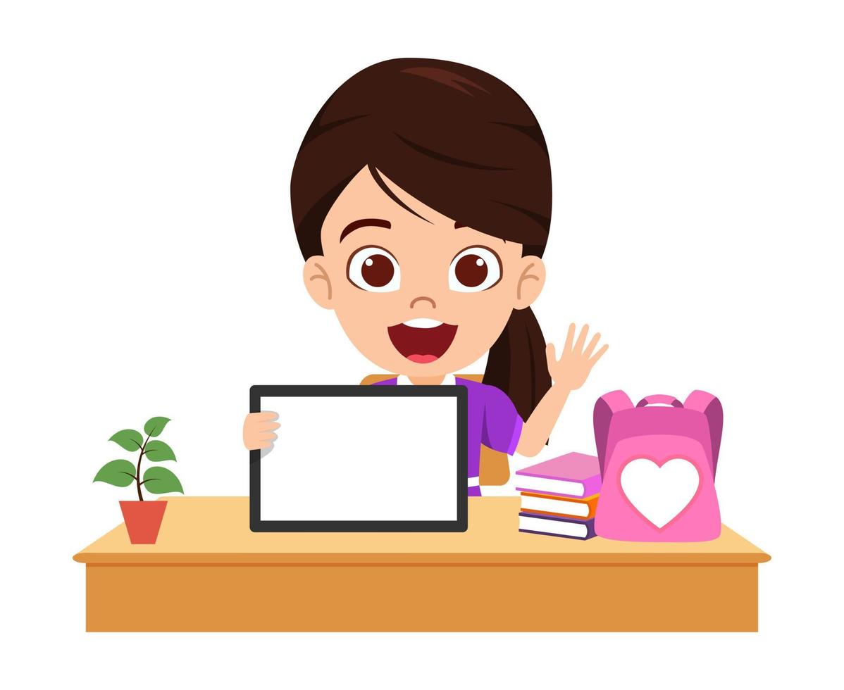 Cute beautiful kid girl character siting on desk and studying with tablet pc books bag with cheerful facial expression and holding tablet blank screen vector