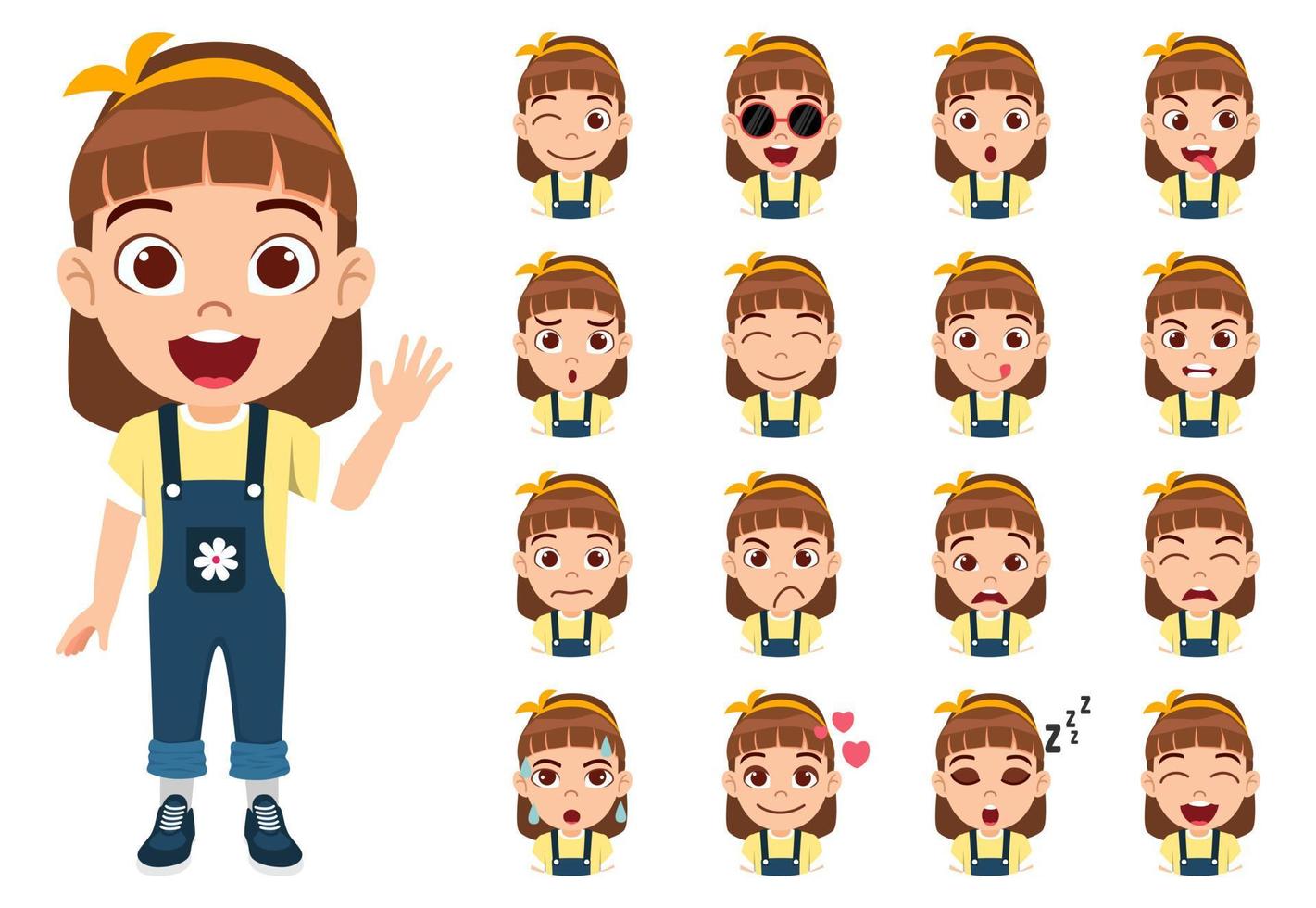 Happy cute girl character wearing beautiful outfit standing posing waving with different facial expression emotions avatar isolated vector