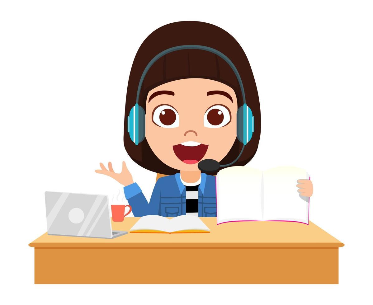 Cute beautiful kid girl character siting on desk and studying with laptop books bag and wearing headphone with cheerful facial expression holding blank book placard vector