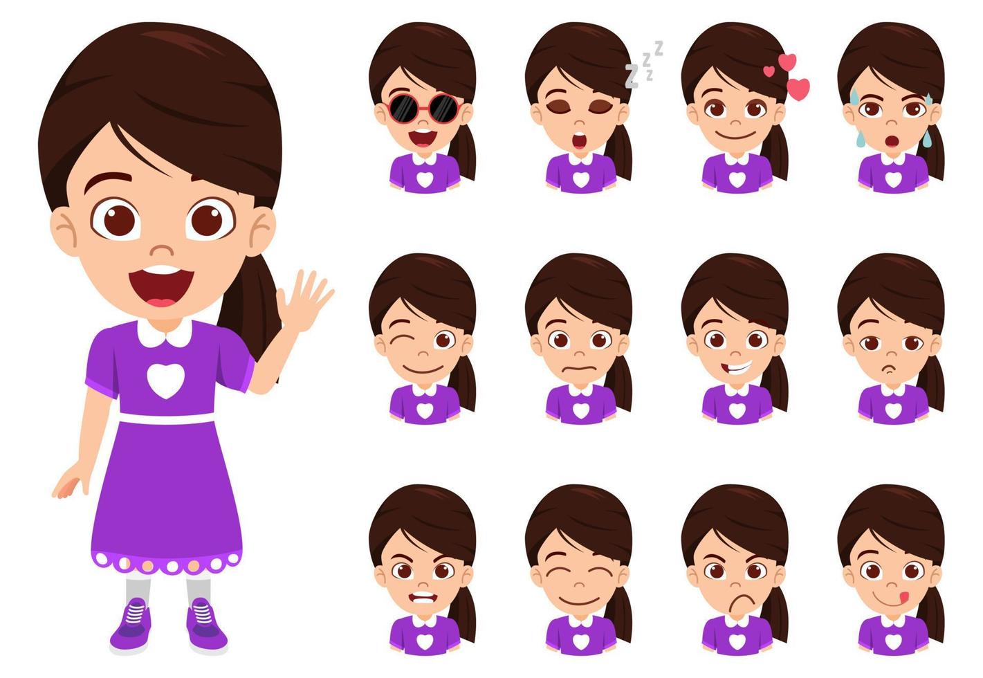 Happy cute girl character wearing beautiful outfit standing waving with different facial expression emotions avatar vector