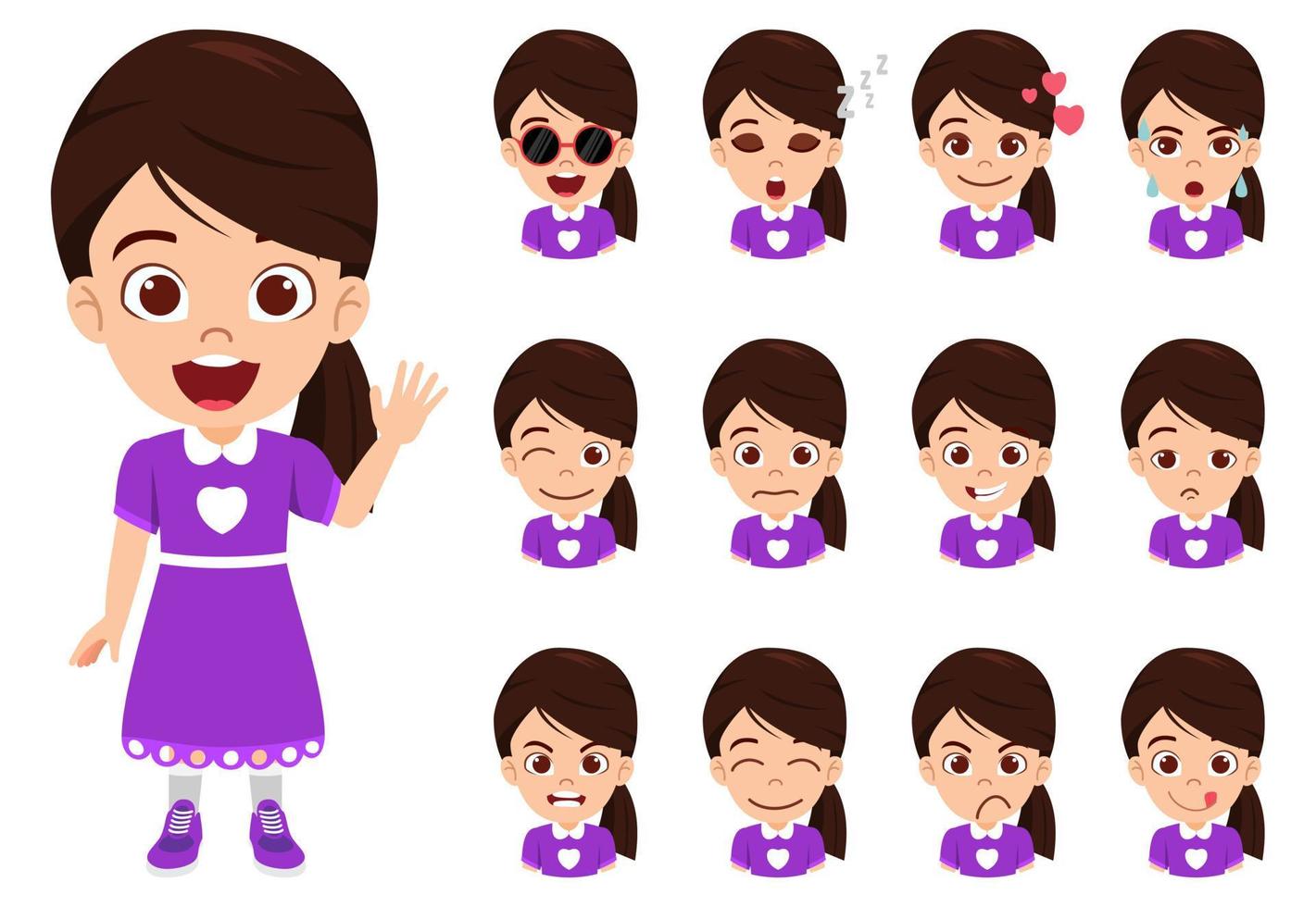 Feliz personaje de niña linda vistiendo un hermoso atuendo de pie saludando con diferentes expresiones faciales emociones avatar vector