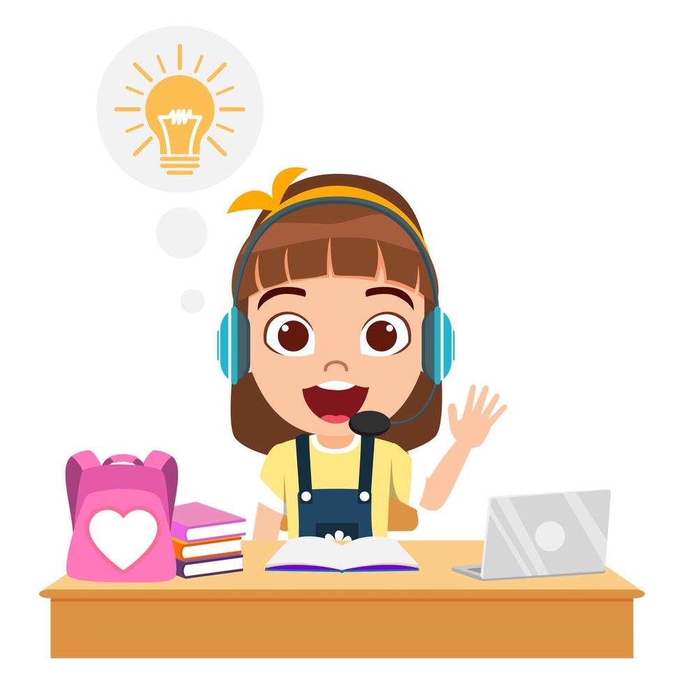 Cute beautiful kid girl character siting on desk and studying with laptop books bag and wearing headphone with cheerful facial expression with idea symbol vector