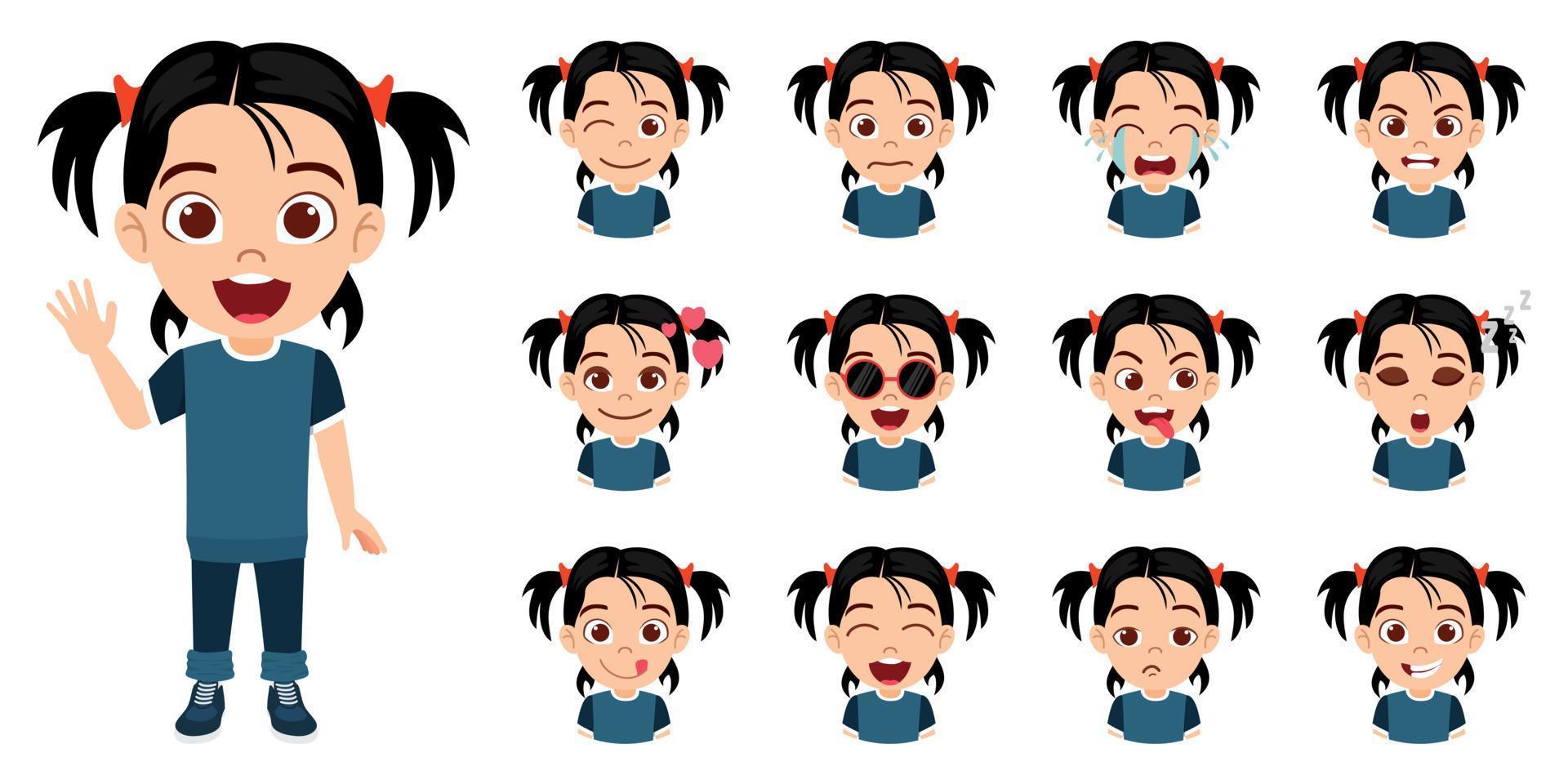 Happy cute girl character wearing beautiful outfit standing posing waving with different facial expression emotions avatar isolated on white background vector