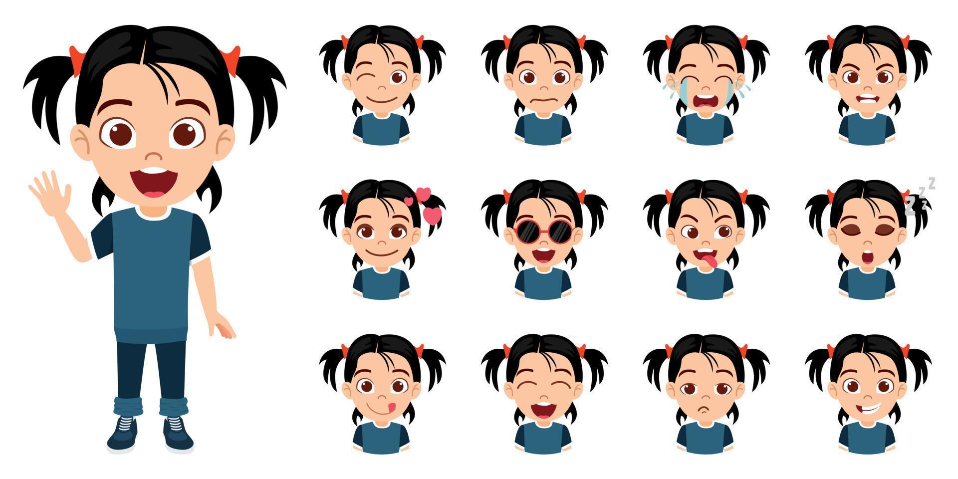 Feliz personaje de niña linda vistiendo un hermoso traje de pie posando saludando con diferentes expresiones faciales emociones avatar aislado sobre fondo blanco. vector