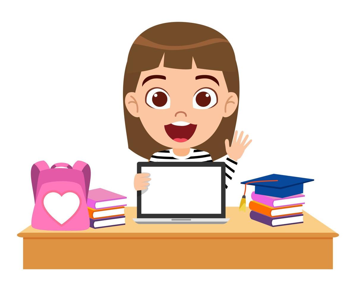 Cute beautiful kid girl character siting on desk and studying with laptop books bag with cheerful facial expression and holding laptop blank screen vector