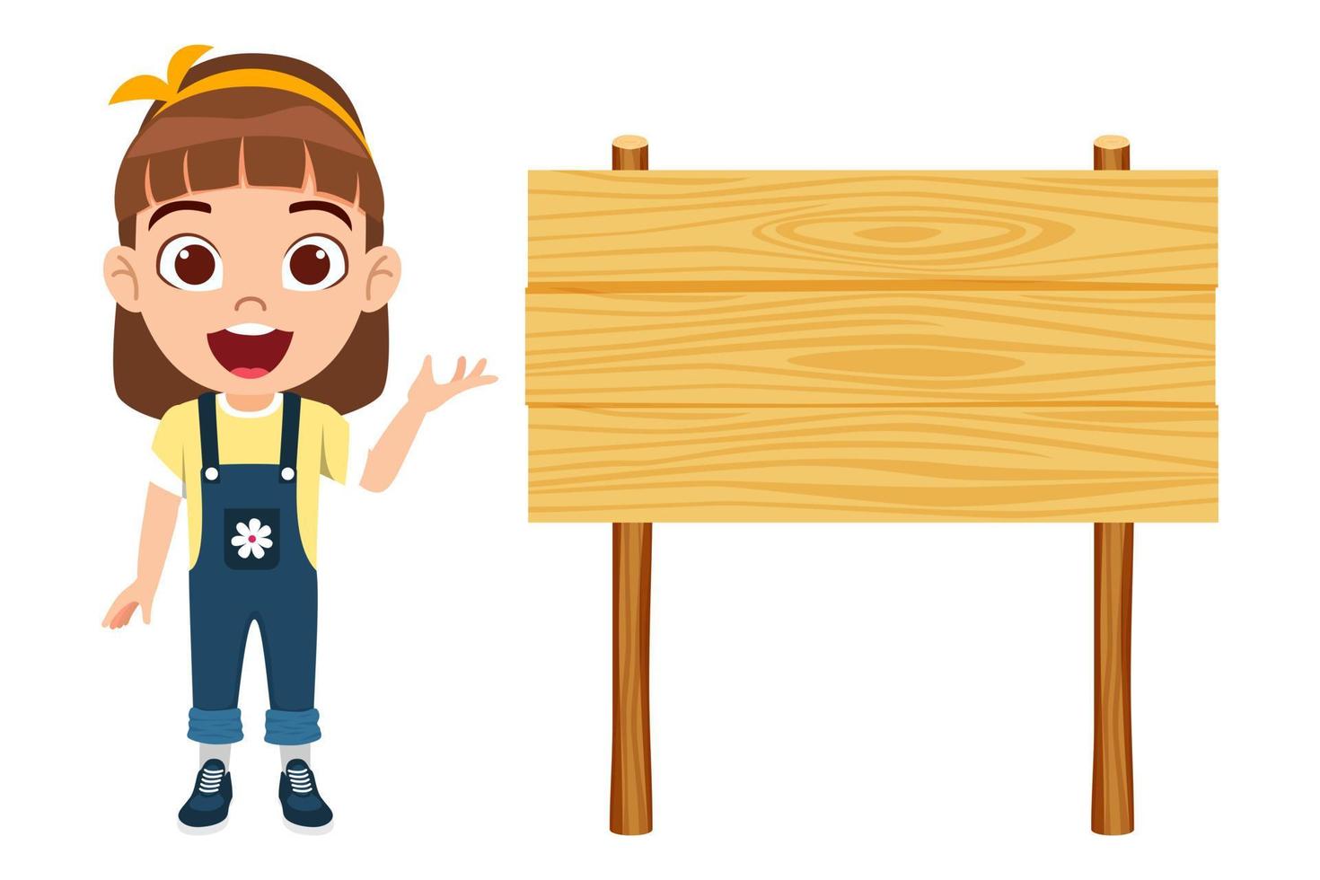 Happy cute beautiful kid girl characters wearing beautiful outfit and pointing to wooden presentation boar vector