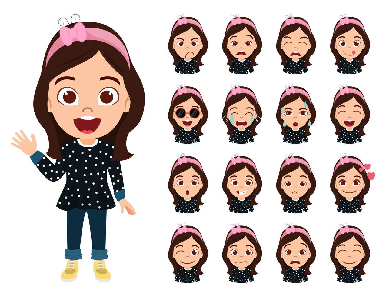 Happy cute girl character wearing beautiful outfit standing posing waving with different facial expression emotions avatar vector