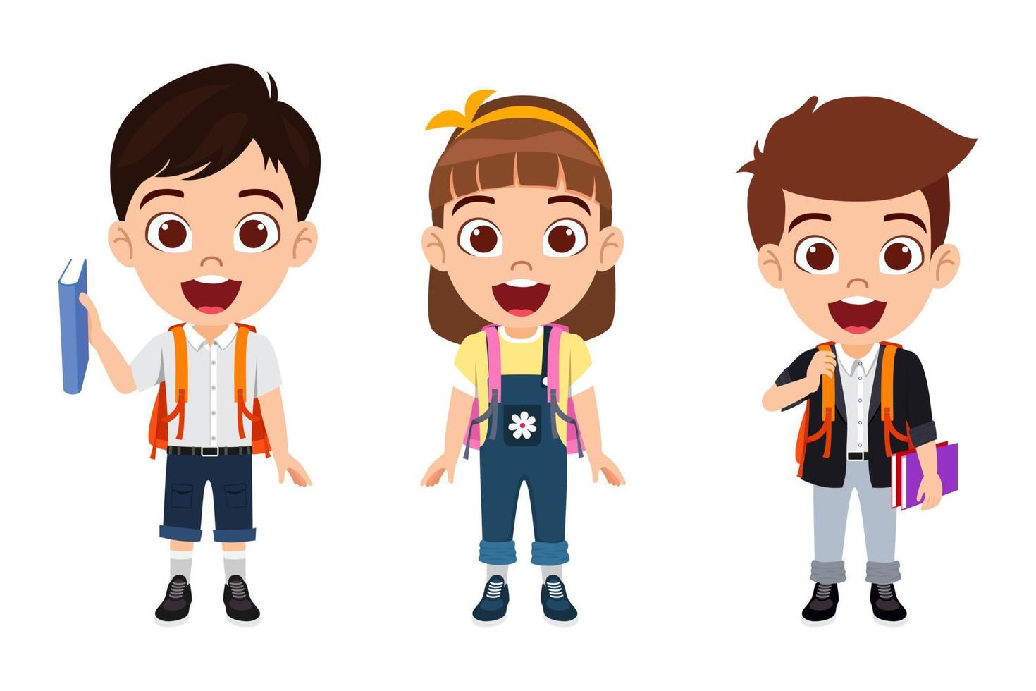 Happy cute beautiful kid boy and girl student character wearing beautiful outfit ready to go school standing with books and bag vector