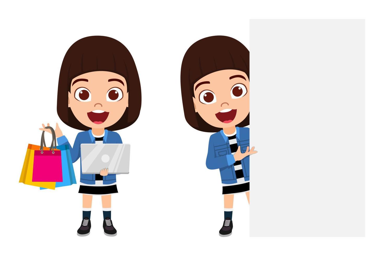 Happy cute beautiful kid girl characters wearing beautiful outfit and standing behind and holding laptop shopping bags and pointing to placard vector