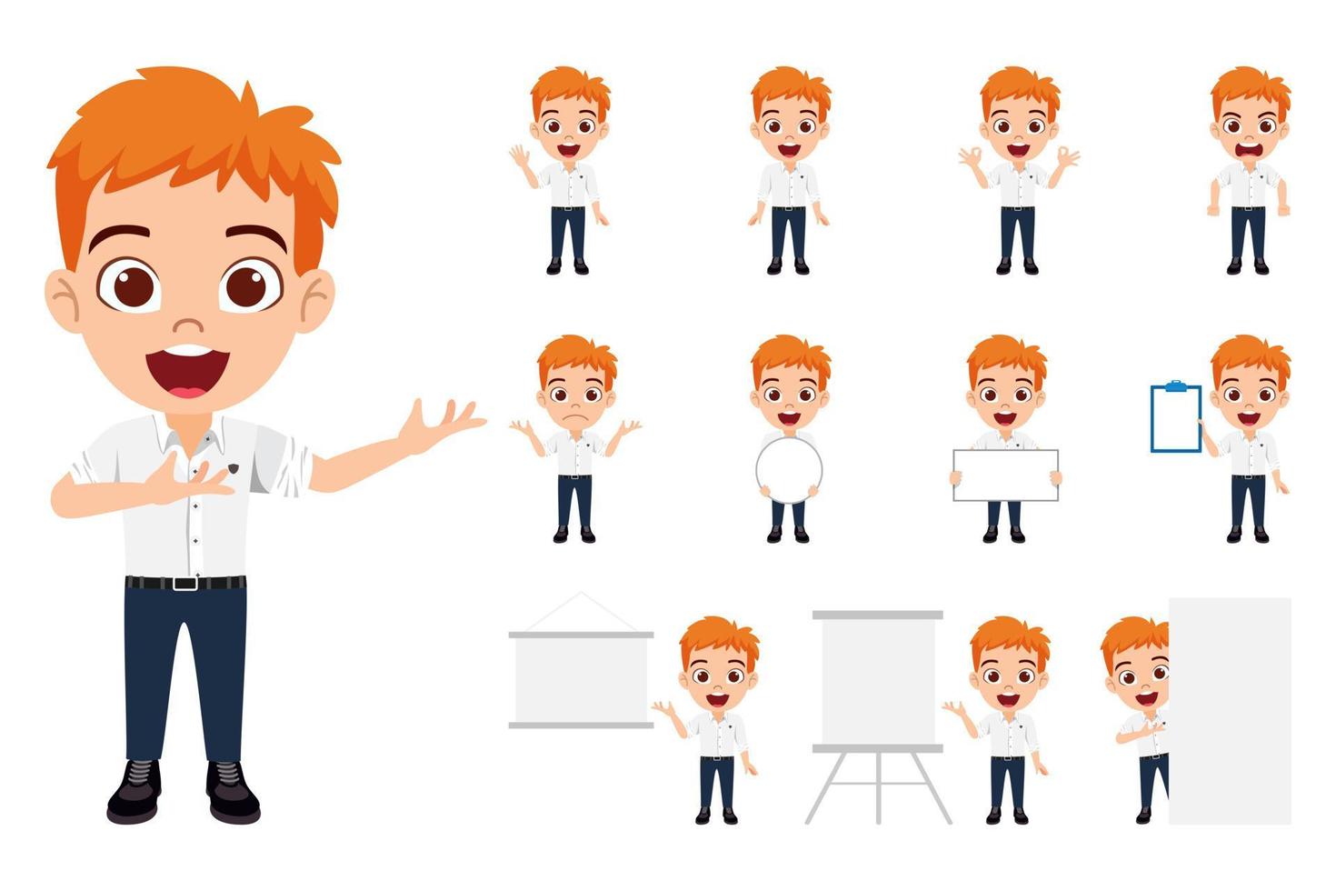 Happy cute kid boy character wearing beautiful business outfit holding  pointing to blank placard board presentation board and pointing vector