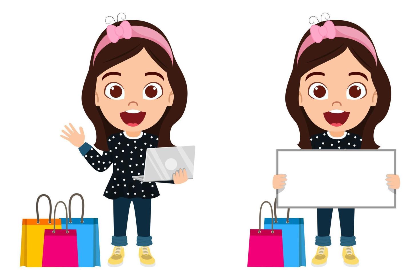 Happy cute beautiful kid girl characters wearing beautiful outfit and standing and holding laptop blank placard shopping bags vector