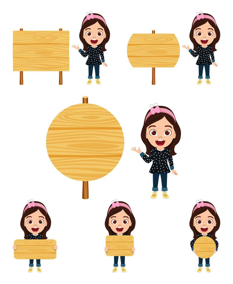 Happy cute beautiful kid girl characters wearing beautiful outfit and standing and pointing to wooden board isolated with different shape and size vector