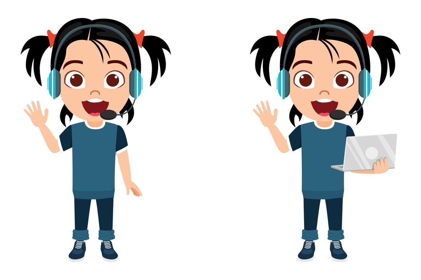 Lindo personaje de niña niño vistiendo un hermoso traje y auriculares con micrófono y saludando sosteniendo una computadora portátil vector