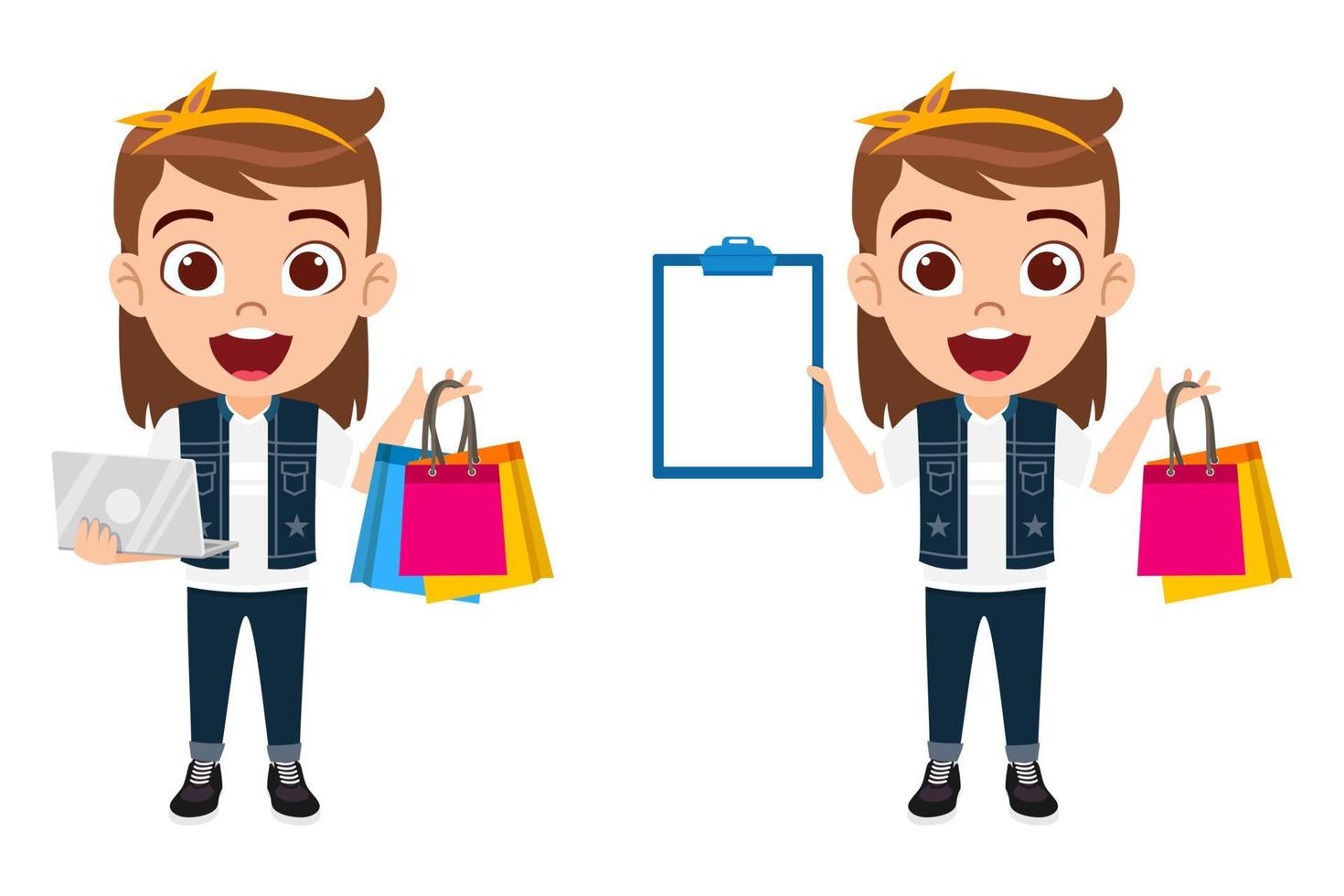 Happy cute beautiful kid girl characters wearing beautiful outfit and standing and holding laptop clipboard shopping bags vector