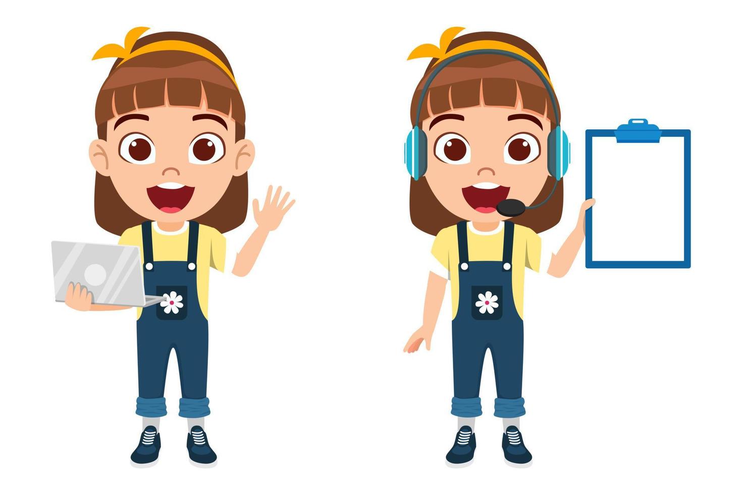 Happy cute beautiful kid girl characters wearing beautiful outfit and and microphone headphone standing and holding clipboard and laptop vector