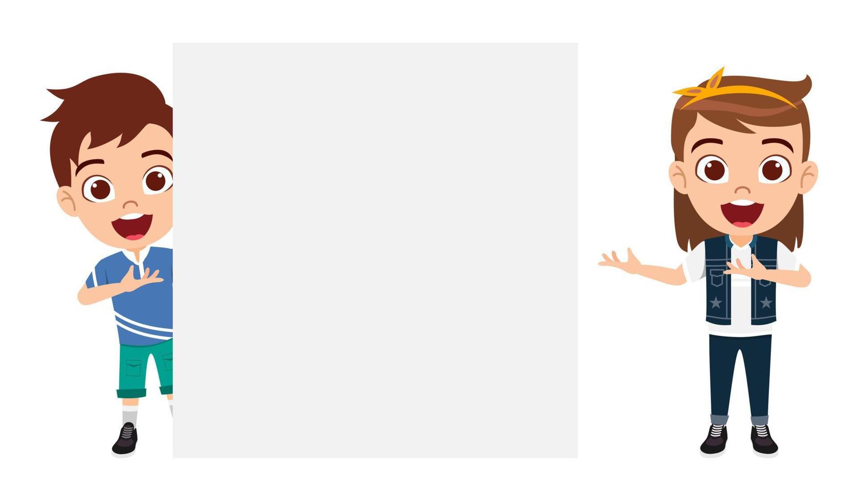 Happy cute beautiful kid boy and girl characters wearing beautiful outfit and standing to placard and pointing to and posing vector