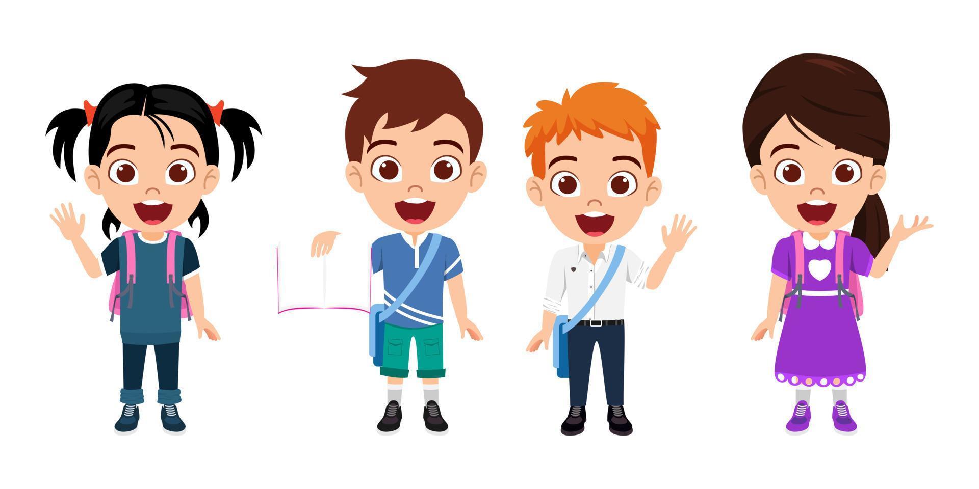 Happy cute beautiful kid  boy and girl characters wearing beautiful outfit standing with book and bag and pen ready to school isolated vector