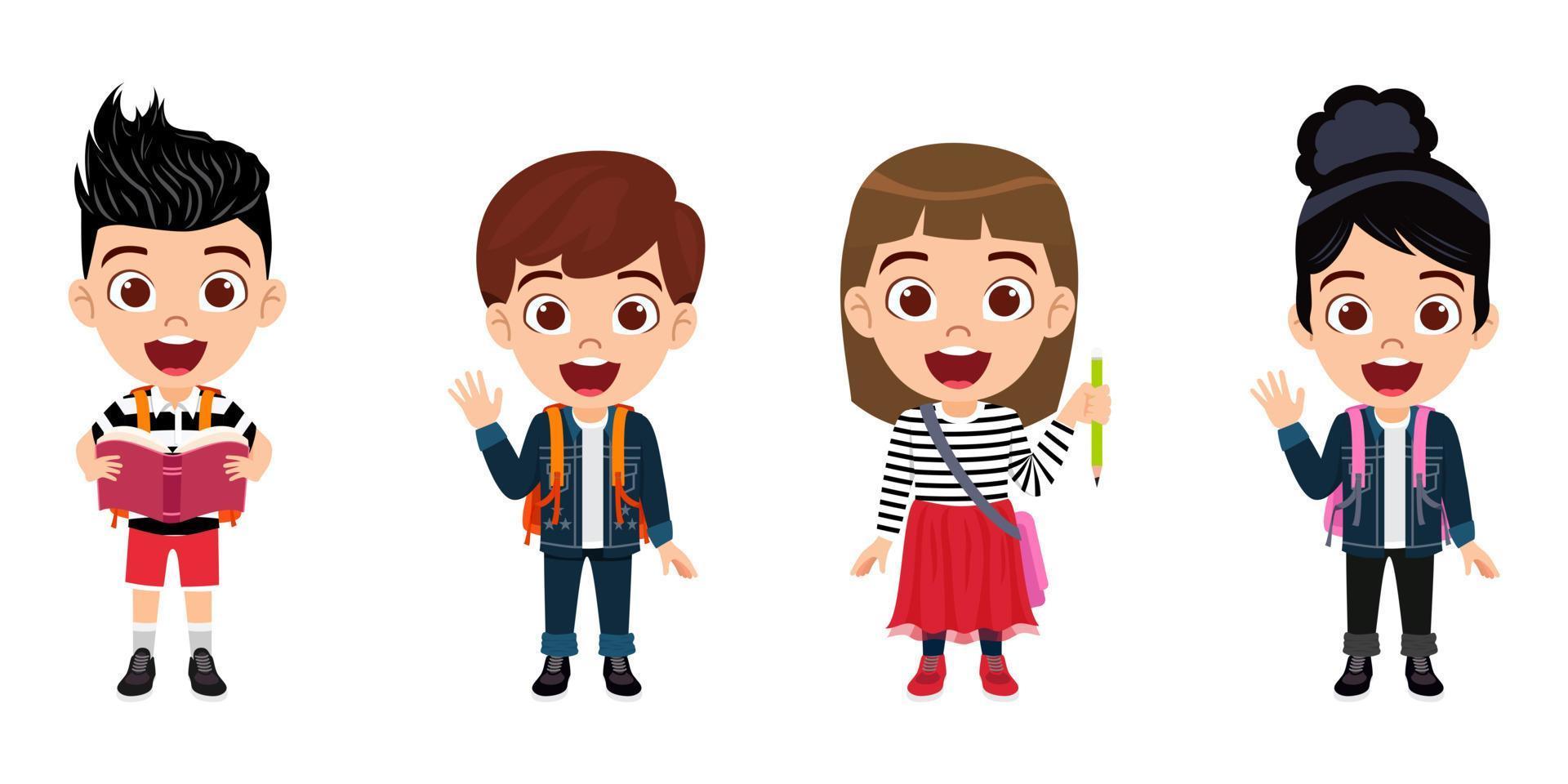 Happy cute beautiful kid  boy and girl characters wearing beautiful outfit standing with book and bag and pen ready to school vector