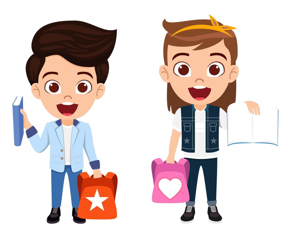 Happy cute beautiful kid  boy and girl characters wearing beautiful outfit standing with book and bag and pen ready to school and holding placard book vector