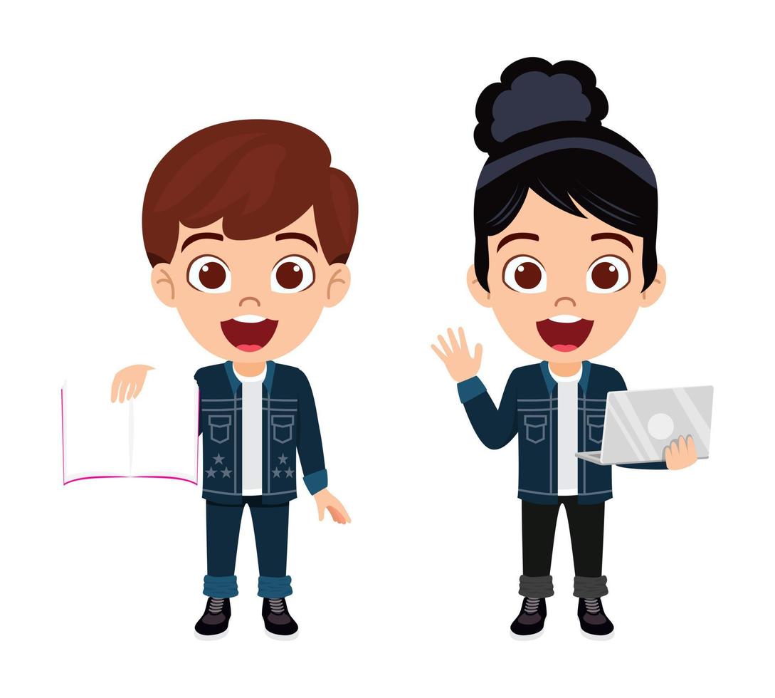 Happy cute beautiful kid boy and girl characters wearing beautiful outfit and standing and holding book placard and laptop vector