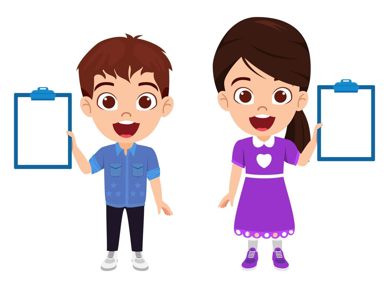 Happy cute beautiful kid boy and girl characters wearing beautiful outfit and standing and holding clipboard vector