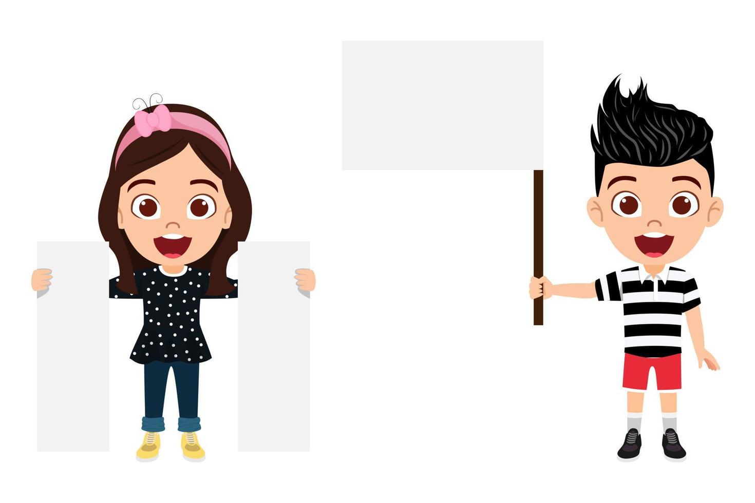 Happy cute beautiful kid boy and girl characters wearing beautiful outfit and standing and holding placard vector