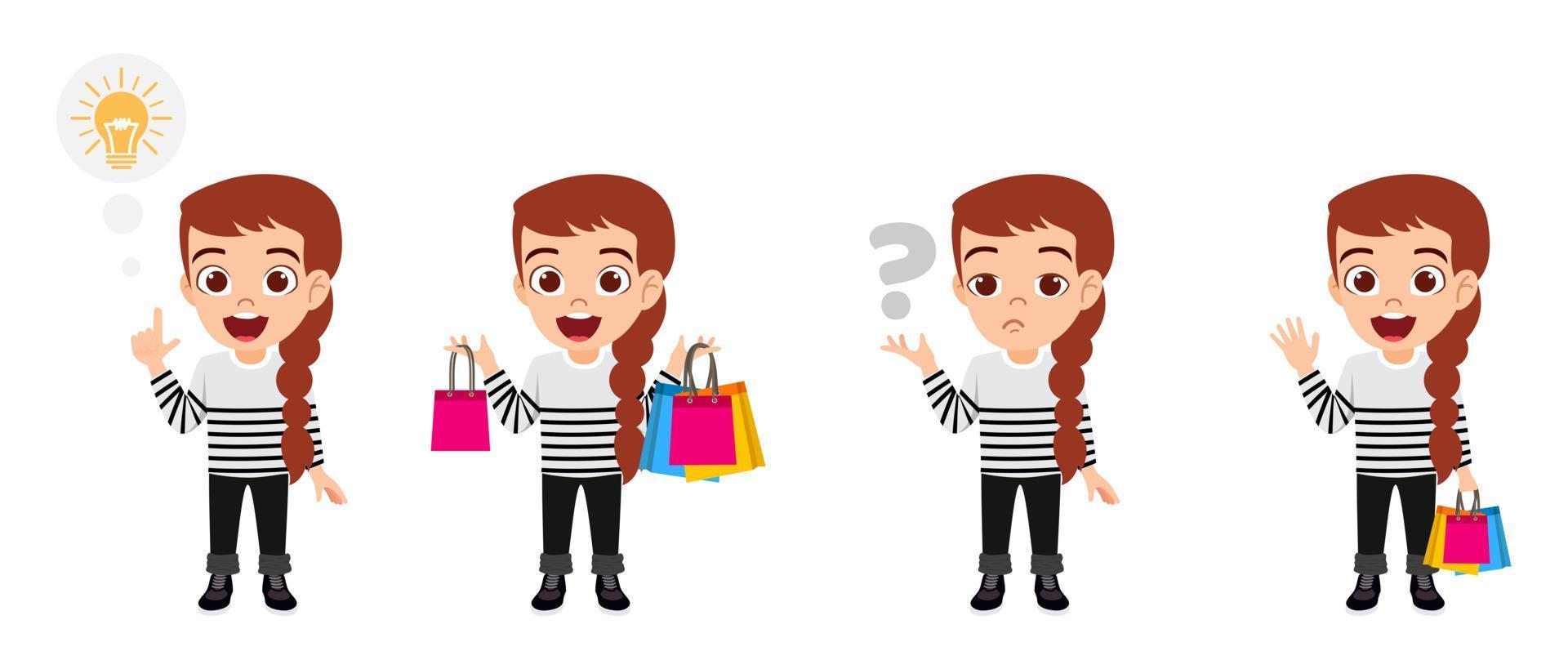 Cute beautiful kid girl character wearing beautiful outfit with idea and confused cheerful concept  and holding shopping bags vector