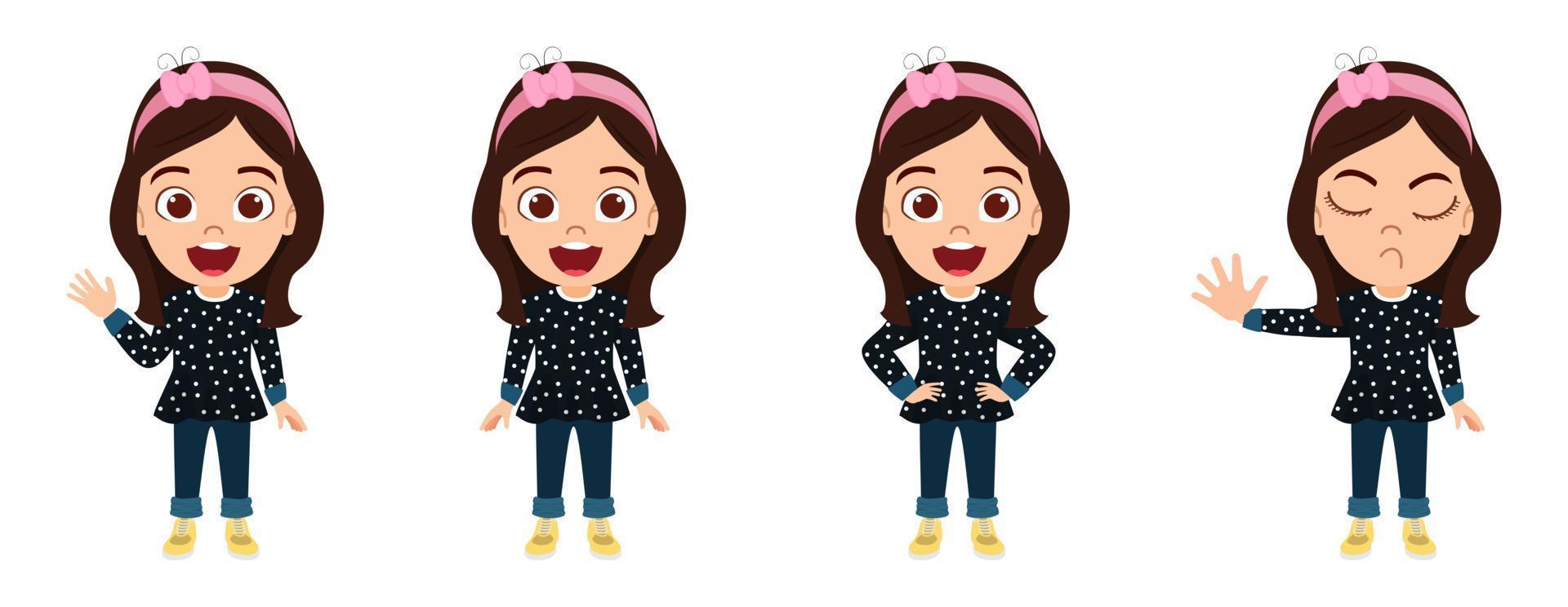 Cute beautiful kid girl character standing and posing doing different actions vector