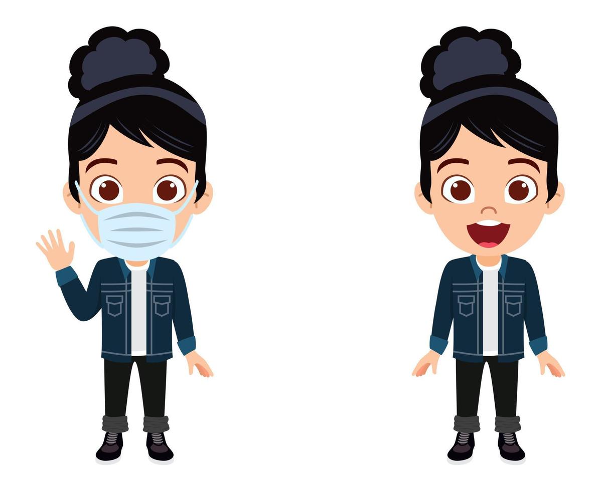 Cute kid girl character wearing beautiful outfit and mask and microphone headphone and waving posing isolated vector