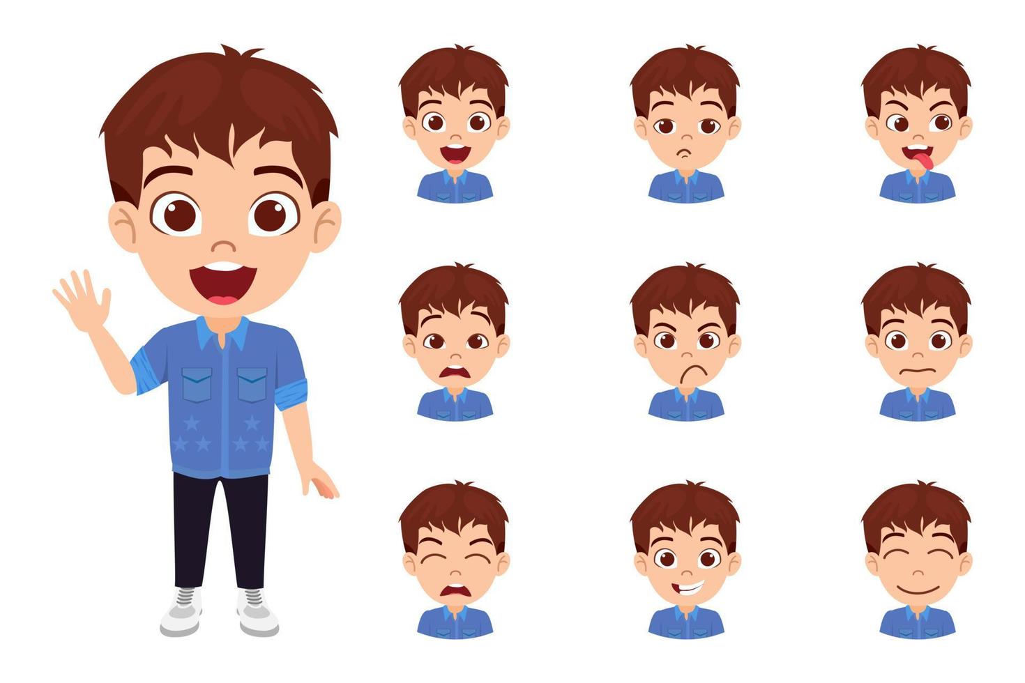 Cute kid beautiful boy character wearing beautiful outfit and waving with different emotions and facial expressions vector