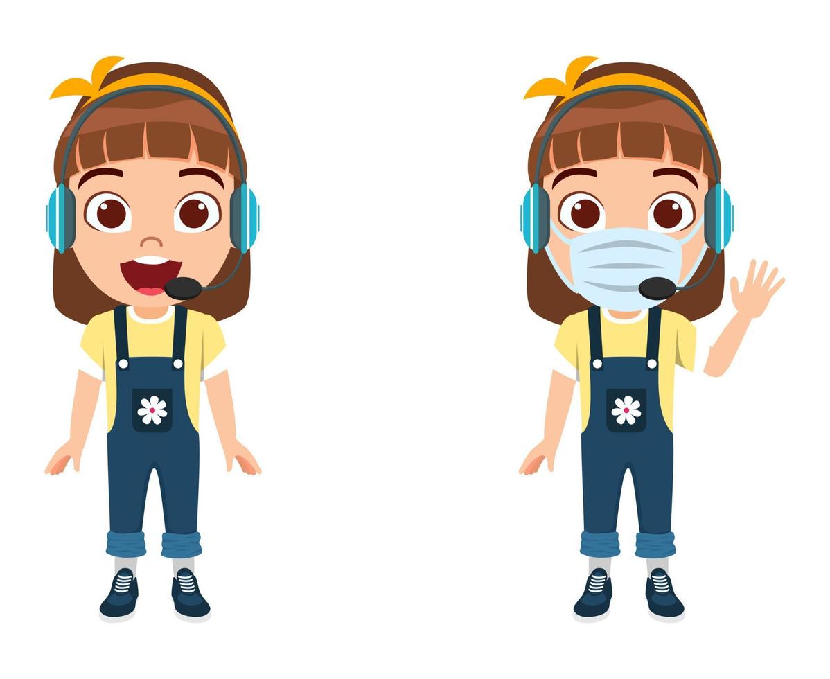 Cute kid girl character wearing beautiful outfit and mask and microphone headphone and waving vector
