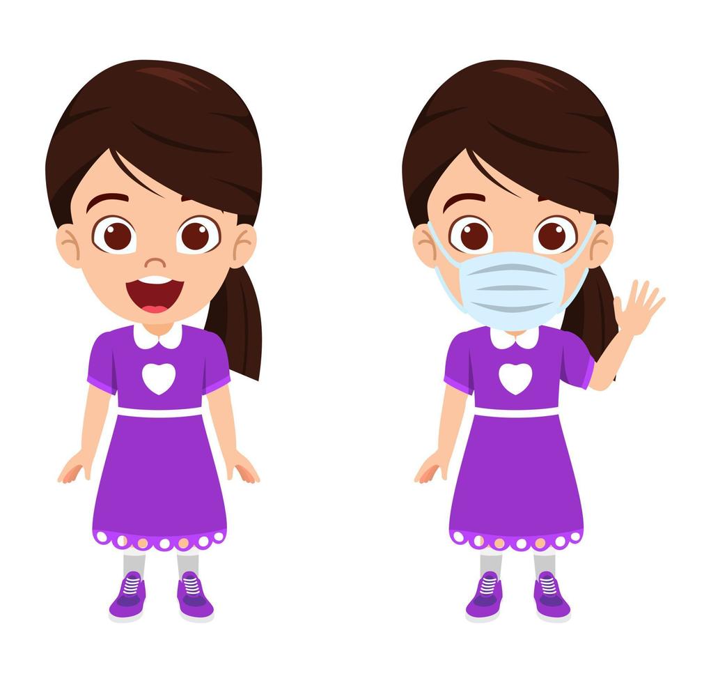 Cute kid girl character wearing beautiful outfit and mask and microphone headphone and waving posing vector