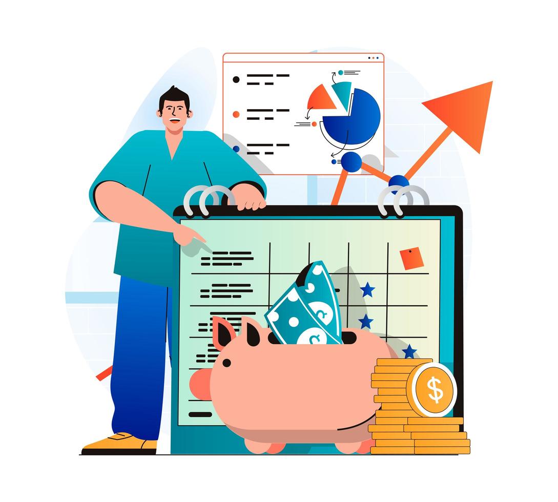 Planning financial budget concept in modern flat design. Man keeps accounting records and puts savings in piggy bank. Success strategy, analysis, profits increase and investment. Vector illustration