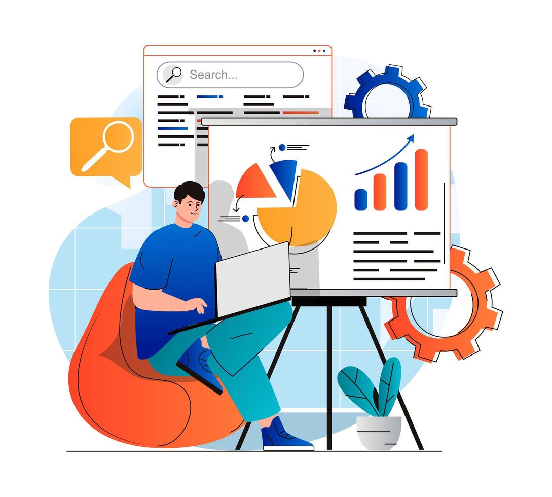 Seo analysis concept in modern flat design. Man analyzes search results, works with data and making report using laptop. Development promotion strategy and increases site rankings. Vector illustration