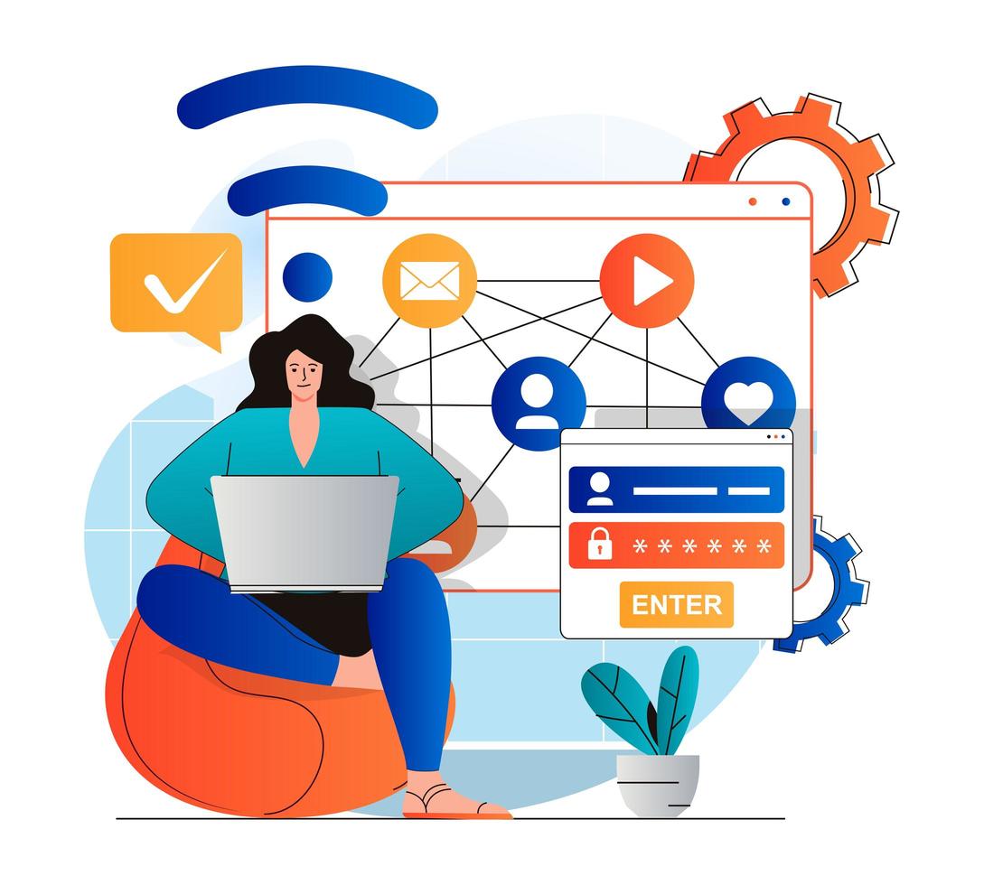 Social network concept in modern flat design. Woman gets access to profile with password and login, sends messages and views digital content in social media. Online communication. Vector illustration