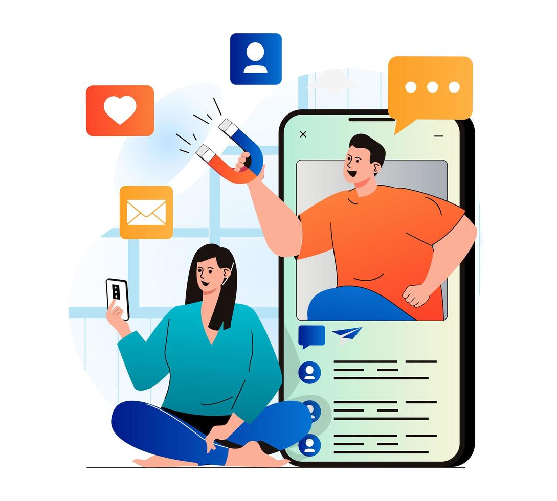 Social media marketing concept in modern flat design. Woman sends messages or likes posts on mobile phone and sees online ads. Marketer attracting new customers, promotes business. Vector illustration